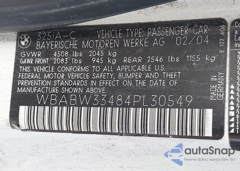 2004 BMW 325Ci из США, поврежденный, VIN WBABW33484PL30549